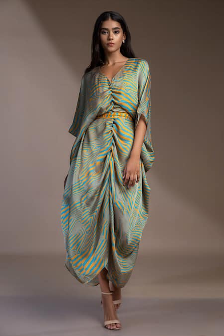 Mamicha_Blue Georgette Buckles V-neck Nairobi Stripe Pattern Kaftan Dress_at_Aza_Fashions