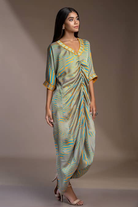 Mamicha_Blue Satin, Georgette Embroidery V-neck Nicobar Ruched Kaftan Dress_Online_at_Aza_Fashions