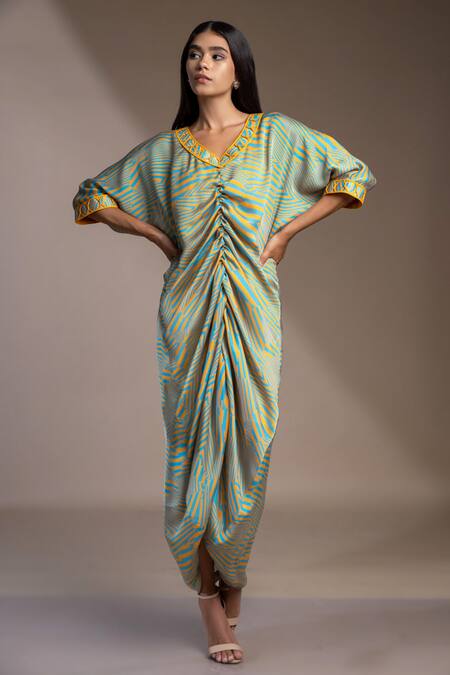 Buy_Mamicha_Blue Satin, Georgette Embroidery V-neck Nicobar Ruched Kaftan Dress_Online_at_Aza_Fashions