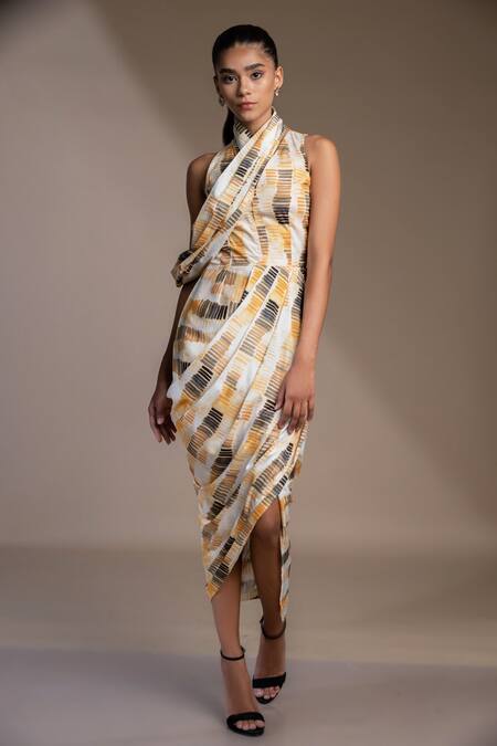 Buy_Mamicha_Yellow Crepe Asymmetric Pompeii Draped Dress_Online_at_Aza_Fashions