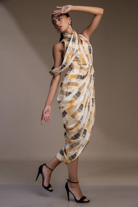 Mamicha_Yellow Crepe Asymmetric Pompeii Draped Dress_at_Aza_Fashions