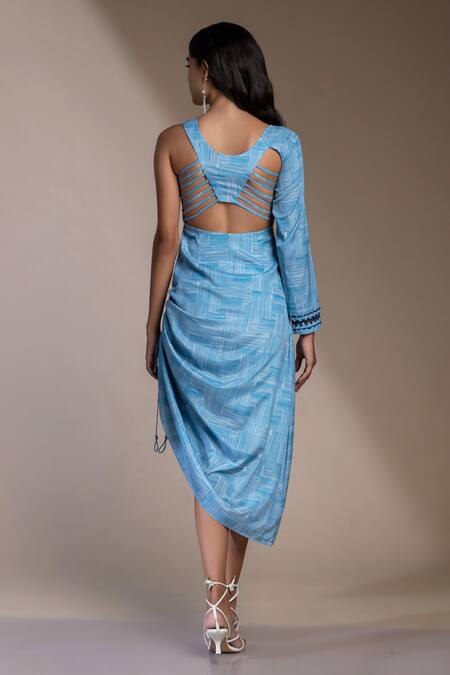 Buy Blue French Crepe Stripe Pattern Asymmetric Tuscany Dress For Women by  Mamicha Online at Aza Fashions.