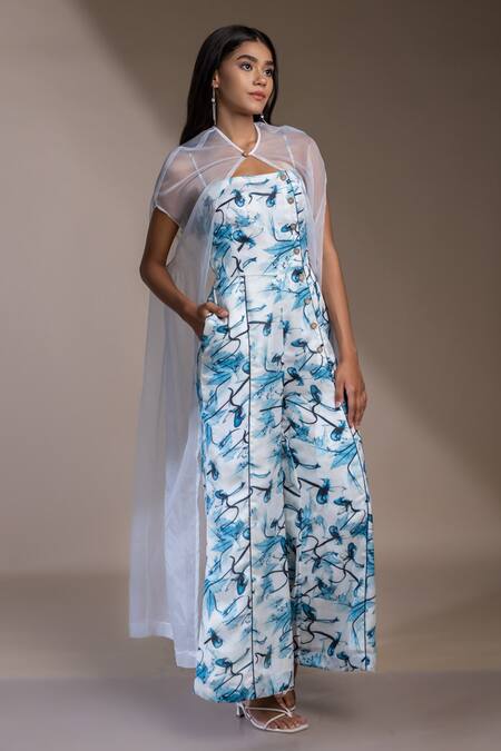Mamicha_White Satin, Georgette Square Neck, Sicily Abstract Pattern Jumpsuit With Cape_Online_at_Aza_Fashions