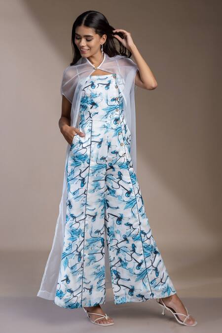 Buy_Mamicha_White Satin, Georgette Square Neck, Sicily Abstract Pattern Jumpsuit With Cape_Online_at_Aza_Fashions