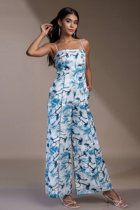 Mamicha_White Satin, Georgette Square Neck, Sicily Abstract Pattern Jumpsuit With Cape_at_Aza_Fashions
