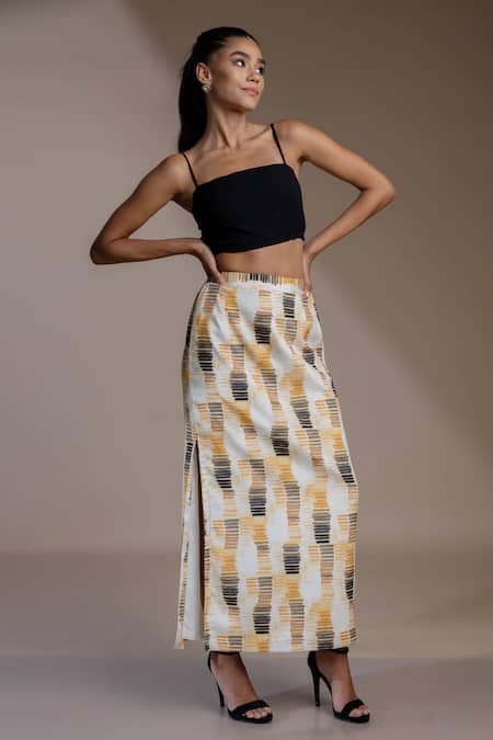 Shop_Mamicha_Yellow Chiffon Abstract Pattern A-line Skirt _at_Aza_Fashions