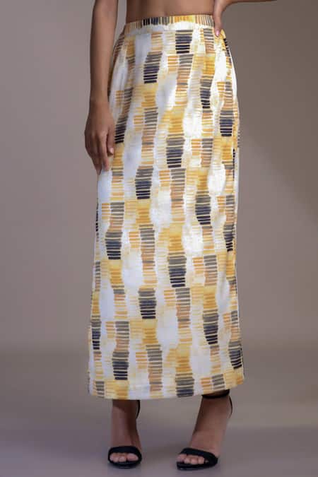 Buy_Mamicha_Yellow Chiffon Abstract Pattern A-line Skirt _Online_at_Aza_Fashions