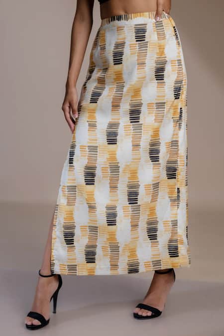 Mamicha_Yellow Chiffon Abstract Pattern A-line Skirt _at_Aza_Fashions