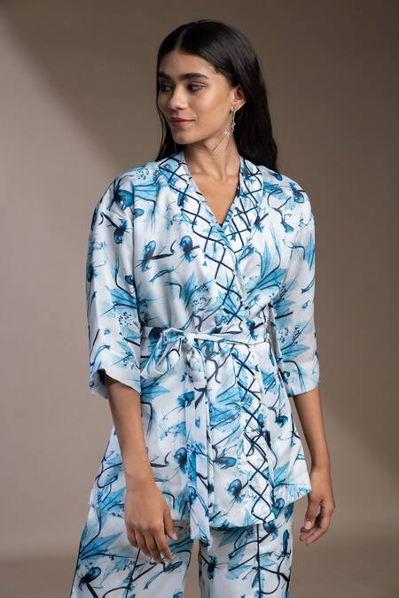 Buy_Mamicha_White Satin, Georgette Embroidery V-neck Floral Pattern Wrap Around Top_Online_at_Aza_Fashions