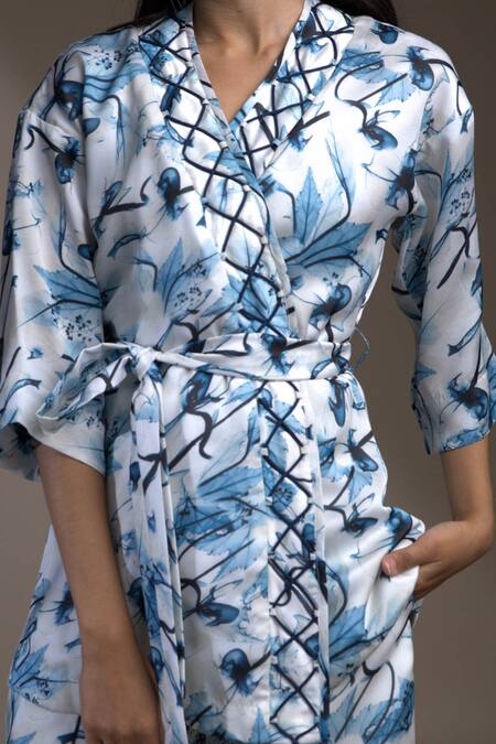 Mamicha_White Satin, Georgette Embroidery V-neck Floral Pattern Wrap Around Top_at_Aza_Fashions