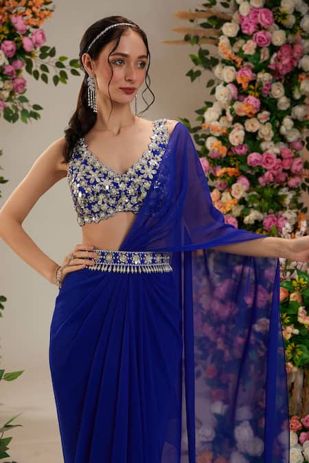 Preeti S Kapoor_Blue Georgette, Silk Pearls, Sequins, Iris Pre-draped Saree With Work Blouse_Online_at_Aza_Fashions