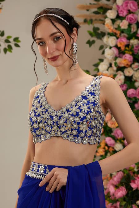 Buy_Preeti S Kapoor_Blue Georgette, Silk Pearls, Sequins, Iris Pre-draped Saree With Work Blouse_Online_at_Aza_Fashions