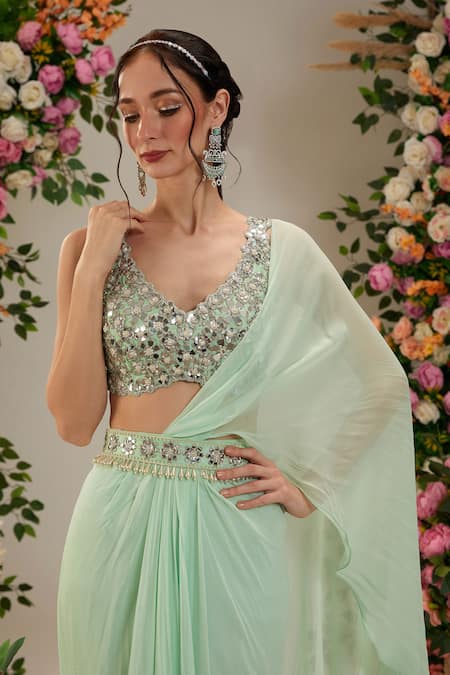 Preeti S Kapoor_Green Georgette, Silk Pearls, Orchids Pre-draped Saree With Work Blouse_Online_at_Aza_Fashions