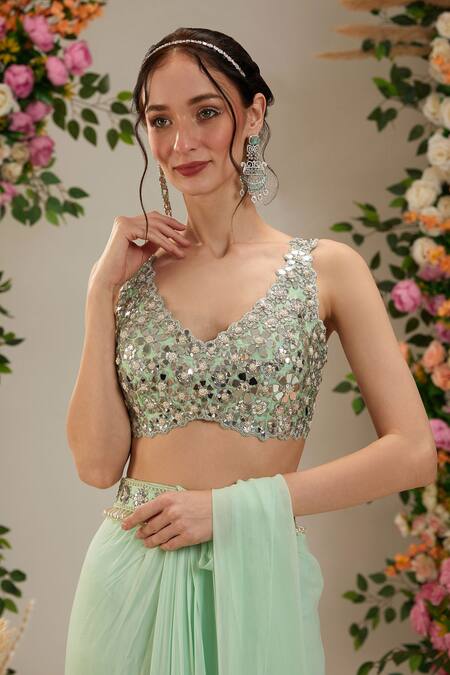 Buy_Preeti S Kapoor_Green Georgette, Silk Pearls, Orchids Pre-draped Saree With Work Blouse_Online_at_Aza_Fashions