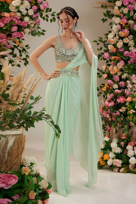 Shop_Preeti S Kapoor_Green Georgette, Silk Pearls, Orchids Pre-draped Saree With Work Blouse_Online_at_Aza_Fashions