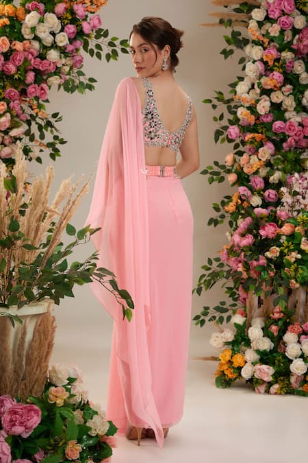 Shop Preeti S Kapoor Pink Georgette, Denim, Silk Pearls, Dalhia Pre-draped Saree With Work Blouse at Aza Fashions Shop_Preeti S Kapoor_Pink Georgette, Denim, Silk Pearls, Dalhia Pre-draped Saree With Work Blouse_at_Aza_Fashions