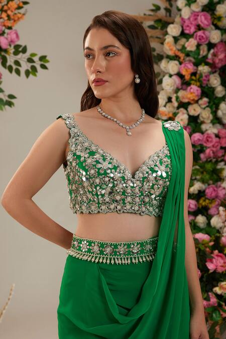 Preeti S Kapoor_Green Georgette, Silk Bells Of Ireland Pleated Pre-draped Saree With Blouse_Online_at_Aza_Fashions