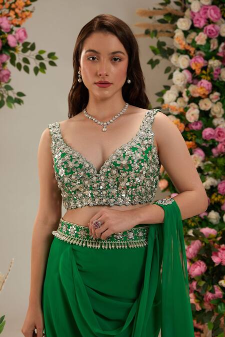 Buy_Preeti S Kapoor_Green Georgette, Silk Bells Of Ireland Pleated Pre-draped Saree With Blouse_Online_at_Aza_Fashions