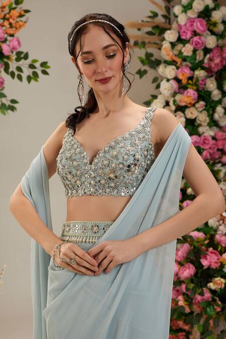 Preeti S Kapoor_Blue Georgette, Denim, Silk Pearls, Aster Pre-draped Saree With Work Blouse_Online_at_Aza_Fashions