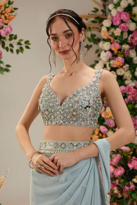 Buy_Preeti S Kapoor_Blue Georgette, Denim, Silk Pearls, Aster Pre-draped Saree With Work Blouse_Online_at_Aza_Fashions