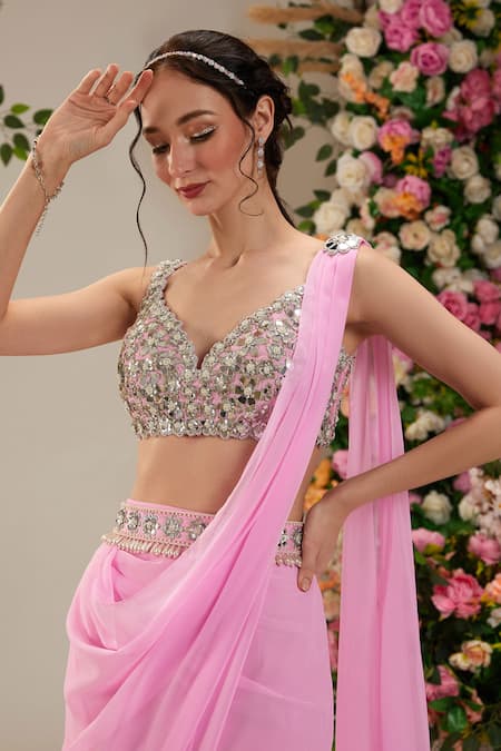 Preeti S Kapoor_Purple Georgette, Silk Pearls, Periwinkle Pre-draped Saree With Work Blouse_Online_at_Aza_Fashions