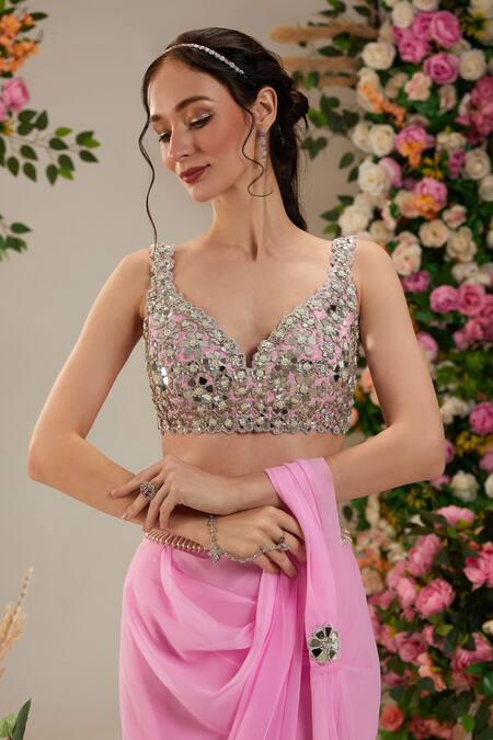 Buy_Preeti S Kapoor_Purple Georgette, Silk Pearls, Periwinkle Pre-draped Saree With Work Blouse_Online_at_Aza_Fashions