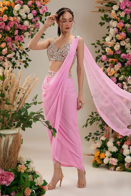 Shop_Preeti S Kapoor_Purple Georgette, Silk Pearls, Periwinkle Pre-draped Saree With Work Blouse_Online_at_Aza_Fashions