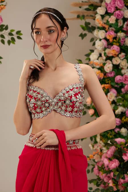 Preeti S Kapoor_Pink Georgette, Denim, Silk Azalea Pre-draped Saree With Mirror Work Blouse_Online_at_Aza_Fashions