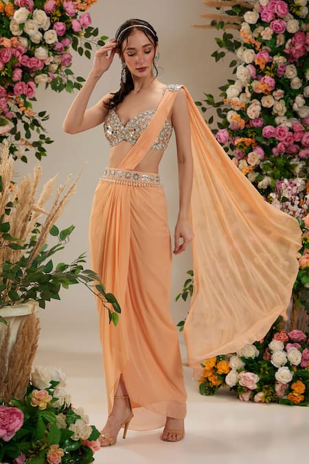 Buy Peach Saree Georgette Butter Cup Pre-draped With Mirror Work