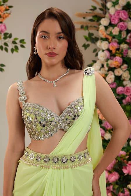 Preeti S Kapoor_Yellow Georgette, Denim, Silk Primrose Pre-draped Saree With Work Blouse_Online_at_Aza_Fashions