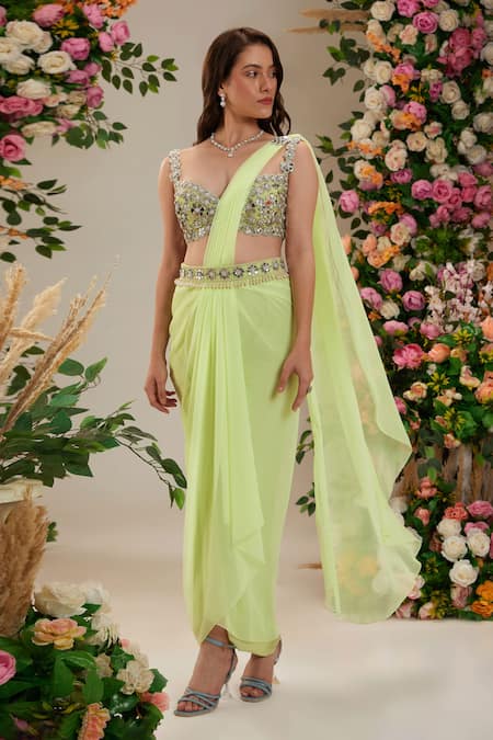 Shop_Preeti S Kapoor_Yellow Georgette, Denim, Silk Primrose Pre-draped Saree With Work Blouse_Online_at_Aza_Fashions