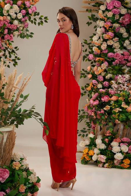 Shop Preeti S Kapoor Red Pearls, Sequins Sweetheart Hibiscus Pre-draped Saree With Mirror Work Blouse at Aza Fashions Shop_Preeti S Kapoor_Red Pearls, Sequins Sweetheart Hibiscus Pre-draped Saree With Mirror Work Blouse_at_Aza_Fashions
