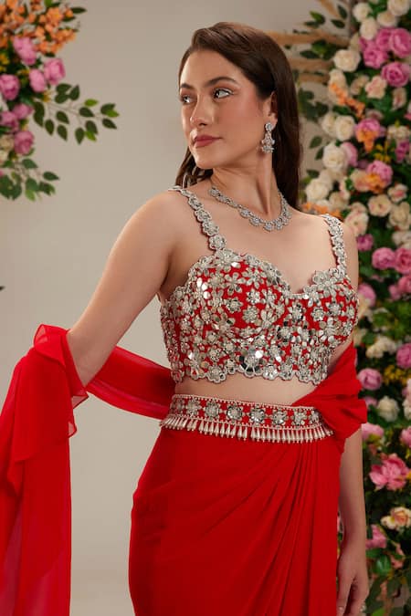 Preeti S Kapoor Red Pearls, Sequins Sweetheart Hibiscus Pre-draped Saree With Mirror Work Blouse Online at Aza Fashions Preeti S Kapoor_Red Pearls, Sequins Sweetheart Hibiscus Pre-draped Saree With Mirror Work Blouse_Online_at_Aza_Fashions