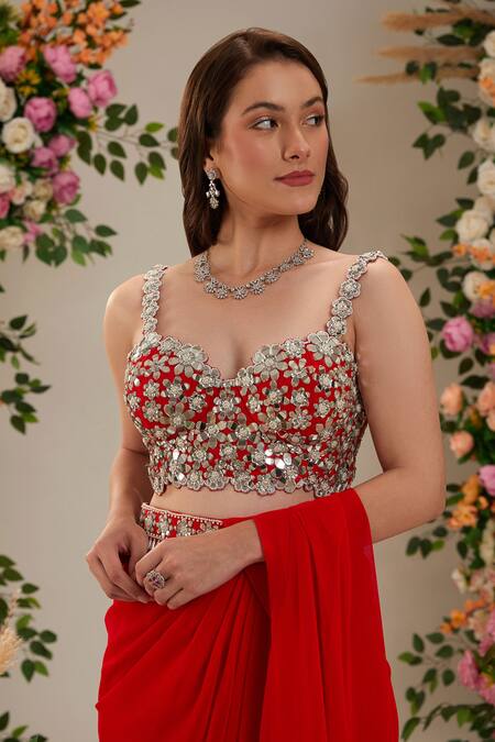 Buy Preeti S Kapoor Red Pearls, Sequins Sweetheart Hibiscus Pre-draped Saree With Mirror Work Blouse Online at Aza Fashions Buy_Preeti S Kapoor_Red Pearls, Sequins Sweetheart Hibiscus Pre-draped Saree With Mirror Work Blouse_Online_at_Aza_Fashions