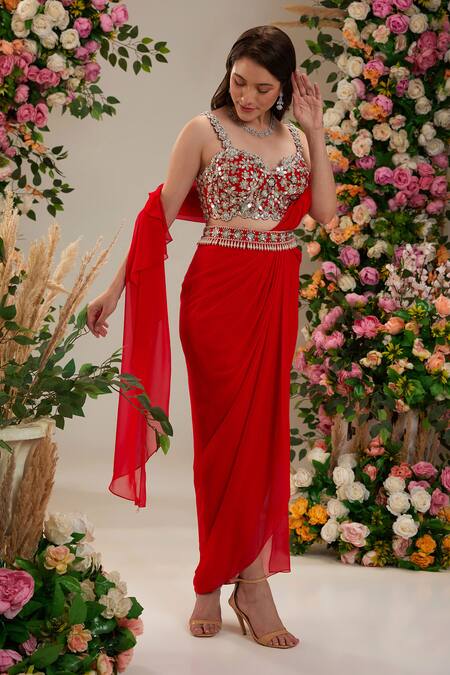 Shop Preeti S Kapoor Red Pearls, Sequins Sweetheart Hibiscus Pre-draped Saree With Mirror Work Blouse Online at Aza Fashions Shop_Preeti S Kapoor_Red Pearls, Sequins Sweetheart Hibiscus Pre-draped Saree With Mirror Work Blouse_Online_at_Aza_Fashions