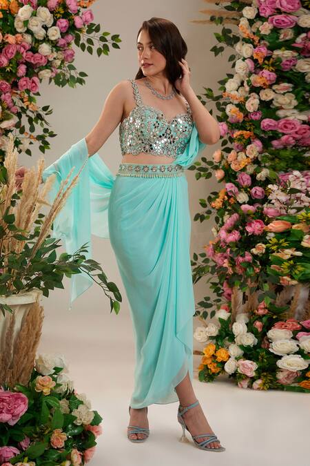 Shop_Preeti S Kapoor_Blue Georgette, Denim, Silk Pearls, Carnation Pre-draped Saree With Work Blouse_Online_at_Aza_Fashions