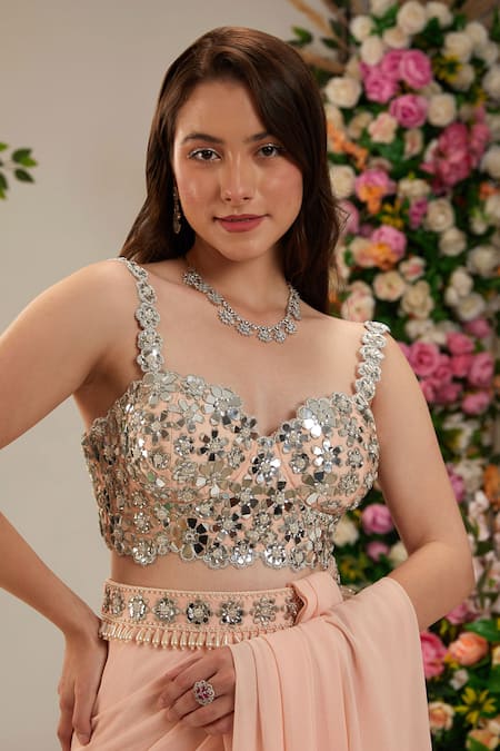 Preeti S Kapoor_Pink Georgette, Silk Pearls, Water Lily Pre-draped Saree With Embroidered Blouse_Online_at_Aza_Fashions