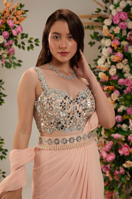 Shop_Preeti S Kapoor_Pink Georgette, Silk Pearls, Water Lily Pre-draped Saree With Embroidered Blouse_Online_at_Aza_Fashions