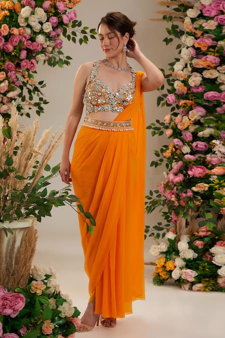 Preeti S Kapoor_Orange Georgette, Silk Pearls, Cosmos Pre-draped Saree With Work Blouse_Online_at_Aza_Fashions