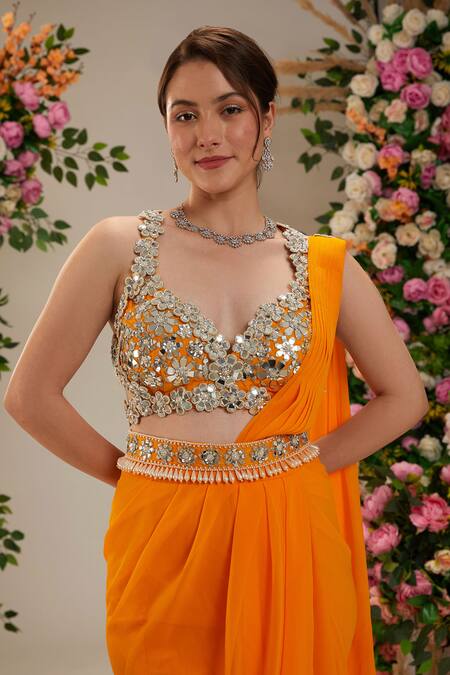 Buy_Preeti S Kapoor_Orange Georgette, Silk Pearls, Cosmos Pre-draped Saree With Work Blouse_Online_at_Aza_Fashions