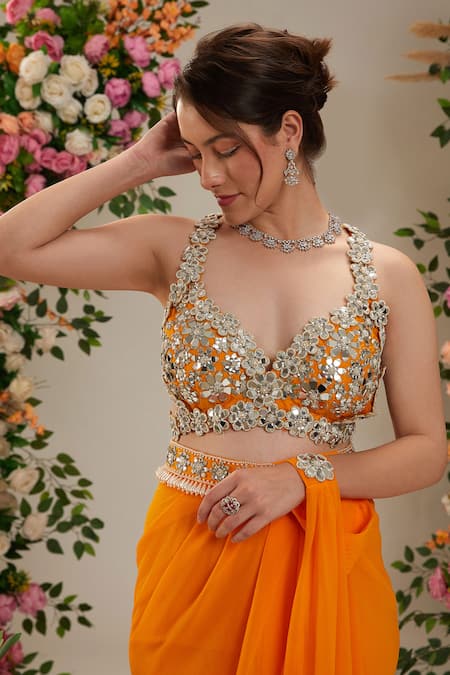 Shop_Preeti S Kapoor_Orange Georgette, Silk Pearls, Cosmos Pre-draped Saree With Work Blouse_Online_at_Aza_Fashions