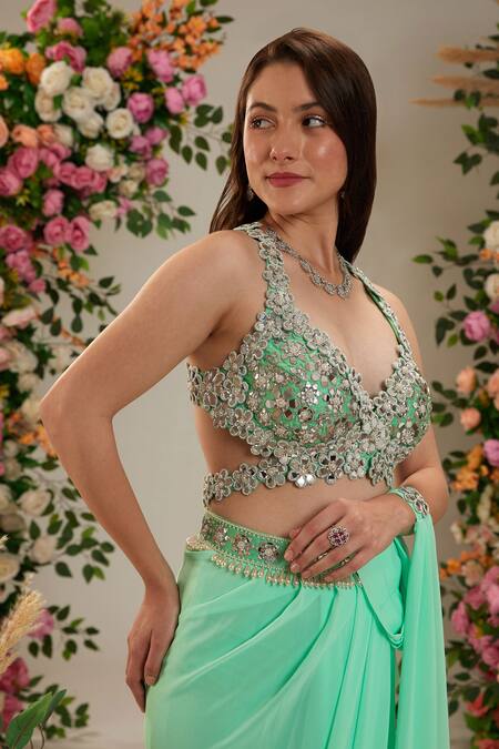 Buy_Preeti S Kapoor_Green Georgette, Denim Pearls, Hydrangea Pre-draped Saree With Work Blouse_Online_at_Aza_Fashions