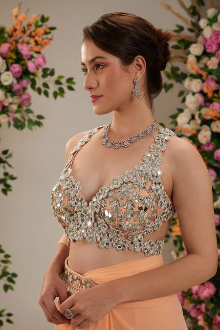 Buy_Preeti S Kapoor_Peach Georgette, Silk Pearls, Sequins, Tulip Pre-draped Saree With Work Blouse_Online_at_Aza_Fashions