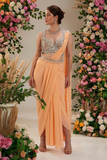 Shop_Preeti S Kapoor_Peach Georgette, Silk Pearls, Sequins, Tulip Pre-draped Saree With Work Blouse_Online_at_Aza_Fashions