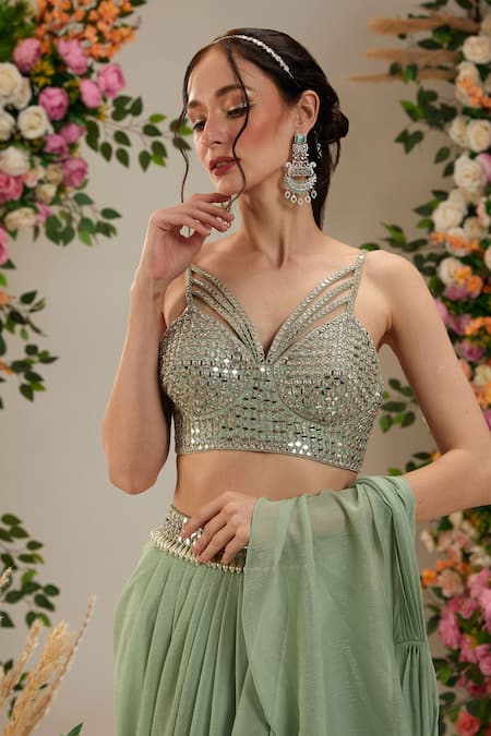 Preeti S Kapoor_Green Georgette, Silk Calla Lily Pre-draped Saree With Embroidered Blouse_Online_at_Aza_Fashions