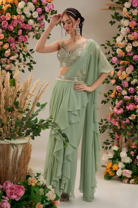 Buy_Preeti S Kapoor_Green Georgette, Silk Calla Lily Pre-draped Saree With Embroidered Blouse_Online_at_Aza_Fashions