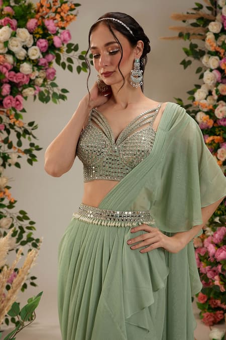 Shop_Preeti S Kapoor_Green Georgette, Silk Calla Lily Pre-draped Saree With Embroidered Blouse_Online_at_Aza_Fashions