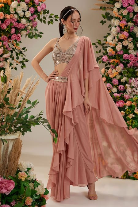 Preeti S Kapoor Peach Saree Shimmer Georgette Embroidered Pearl Nerine Pre-draped With Blouse