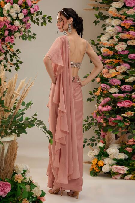 Shop_Preeti S Kapoor_Peach Georgette, Denim, Silk Nerine Pre-draped Saree With Embroidered Blouse_at_Aza_Fashions