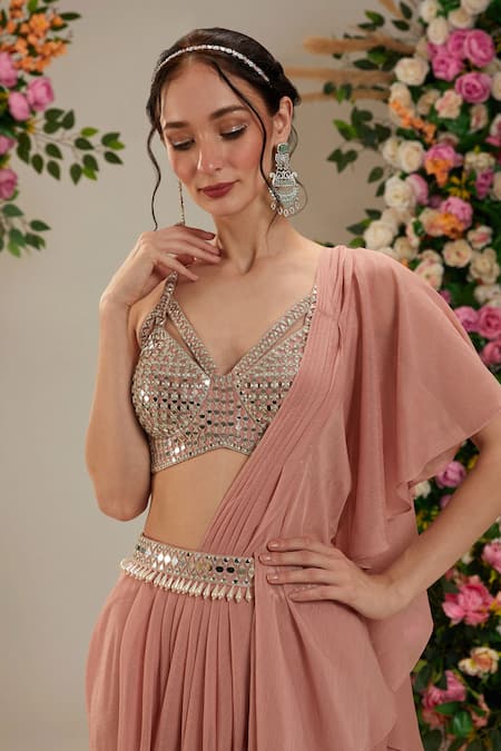 Preeti S Kapoor_Peach Georgette, Denim, Silk Nerine Pre-draped Saree With Embroidered Blouse_Online_at_Aza_Fashions
